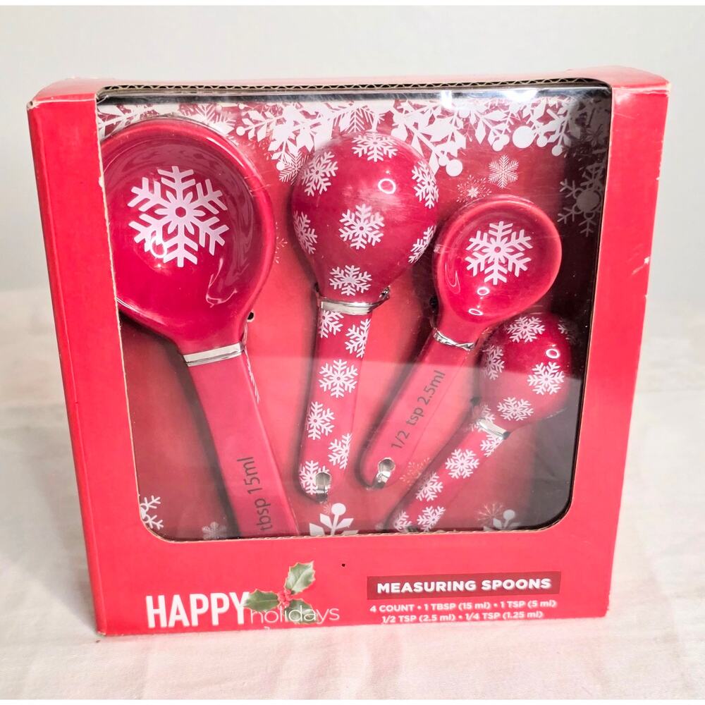 Happy Holiday 4 Piece Measuring Spoons New in Box Walgreens Red White Snowflake